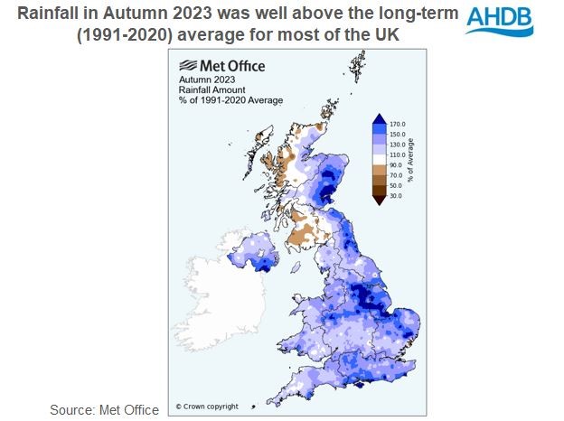 Map showing rainfall in autumn 2023 was above average for most of the UK